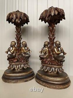 SOLDE ! Exceptionnelle paire de grandes lampes de table vénitiennes noires sculptées en bois