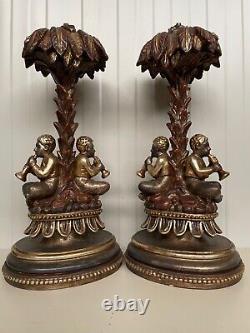 SOLDE ! Exceptionnelle paire de grandes lampes de table vénitiennes noires sculptées en bois