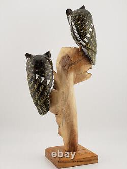 Sculpture d'oiseaux en bois sculptés Couple de hiboux
