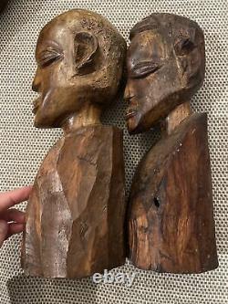 Sculpture en bois rare en paire, vintage, exotique, tête tribale africaine sculptée à la main, 4 kg.