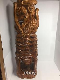 Statue de dragon sculptée en bois de buis chinois vintage rare (paire)