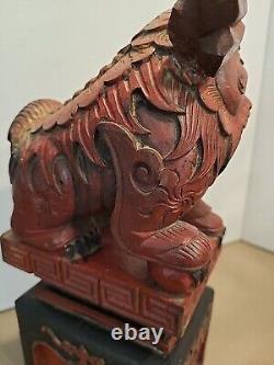 Trésor de collection rare : Paire de FOO DOG en bois sculpté de la Chine ancienne, Fengshui 10.5