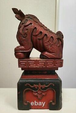 Trésor de collection rare : Paire de FOO DOG en bois sculpté de la Chine ancienne, Fengshui 10.5
